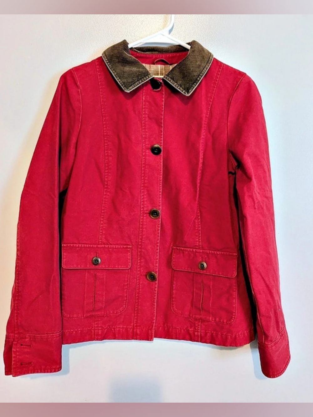 L.L.Bean Women's Barn Jacket Small Red Cotton Canvas Corduroy Collar Chore Coat